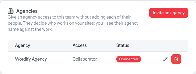 The Agencies card showing an active agency connection
