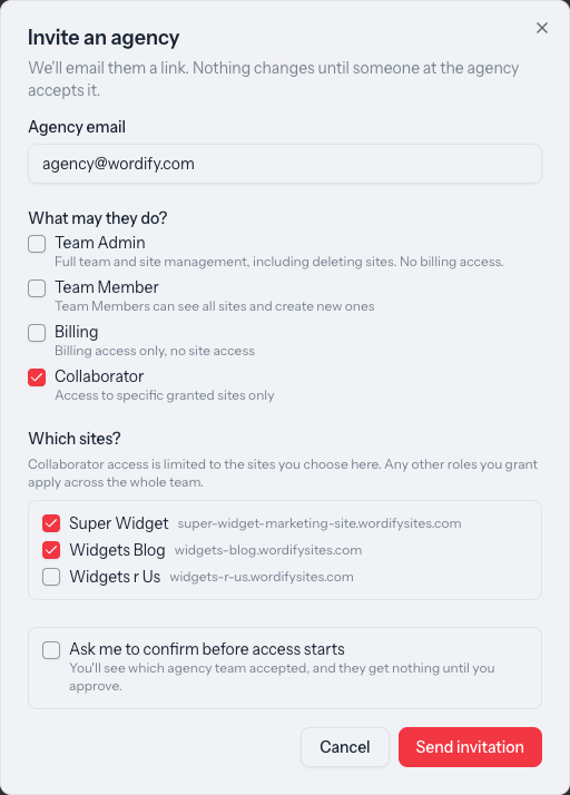 The Invite an agency dialog with the Collaborator role selected and a site list showing which sites are granted