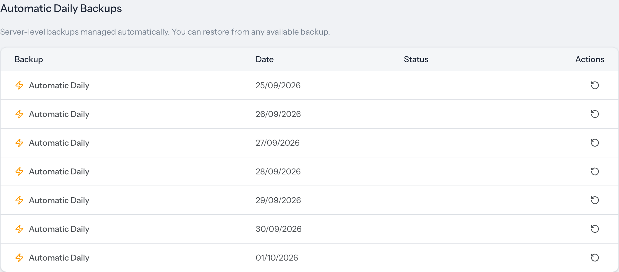 Automatic daily backups for a site in Wordify, one per day, each with a restore button