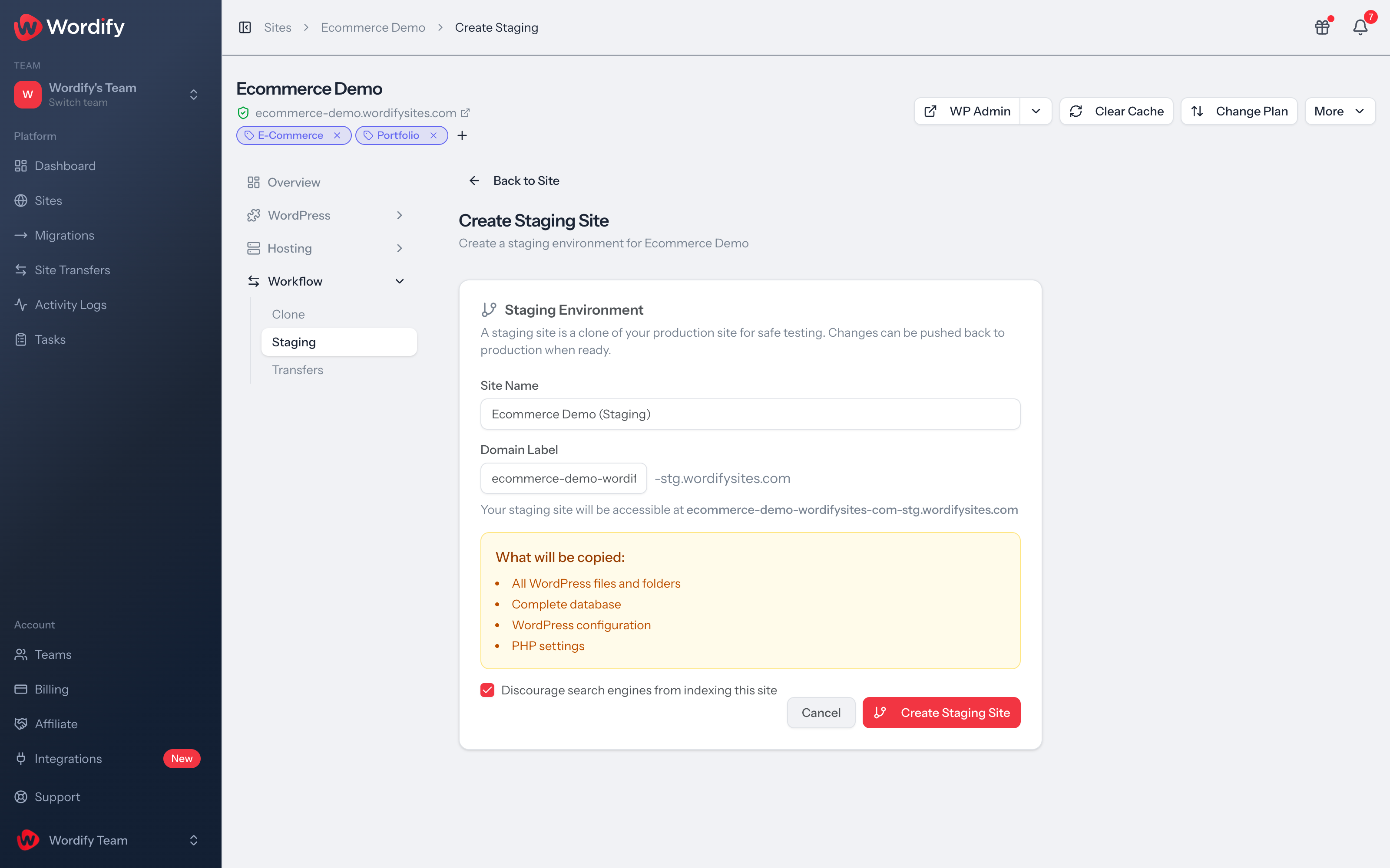 The Create Staging Site form in the Wordify Console, showing the site name, the domain label, and what will be copied