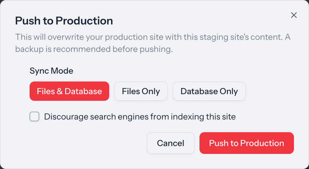 The Push to Production dialog in the Wordify Console, with Files & Database, Files Only, and Database Only sync modes