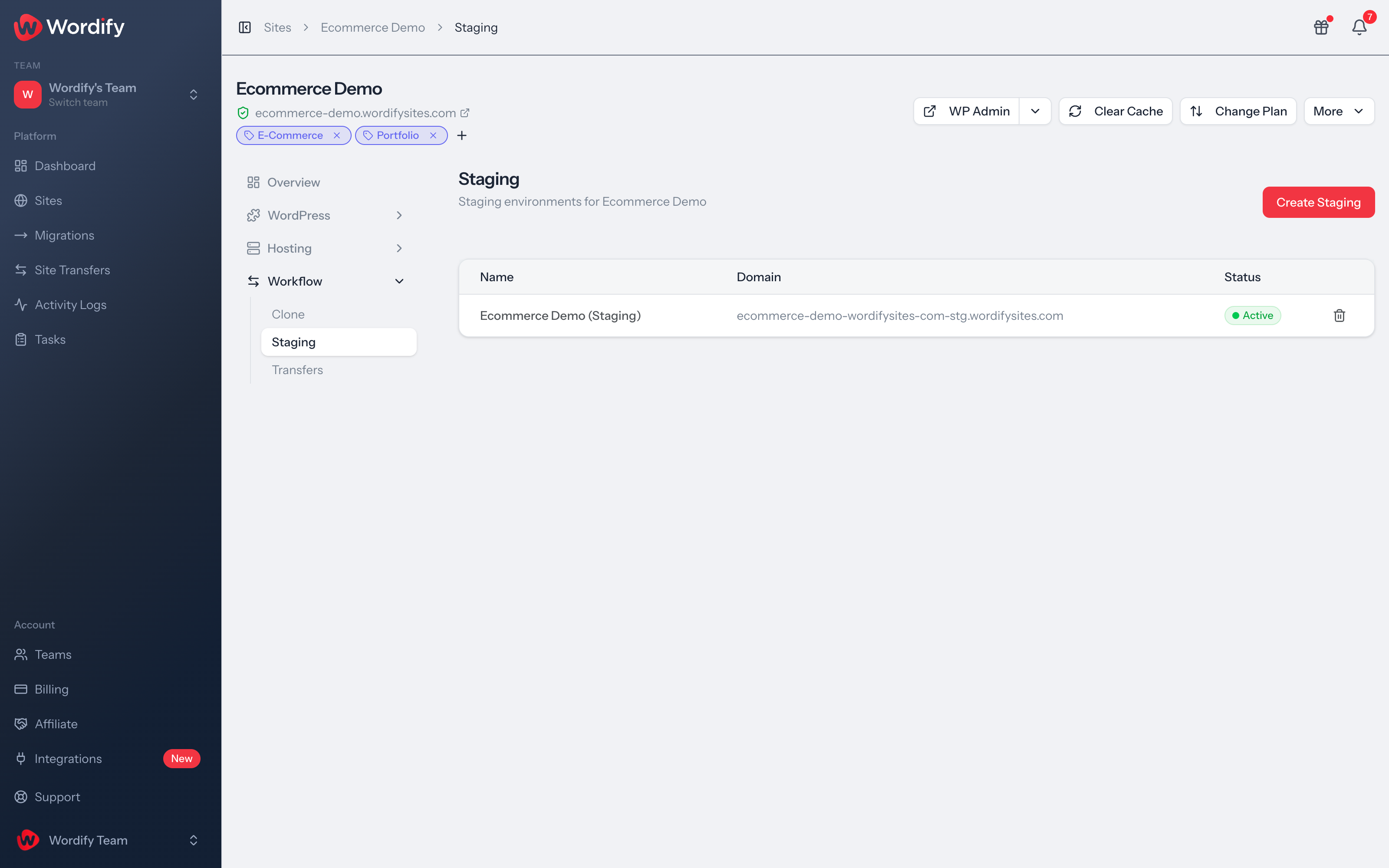 The Staging page for a site in the Wordify Console, listing an active staging site with its own domain