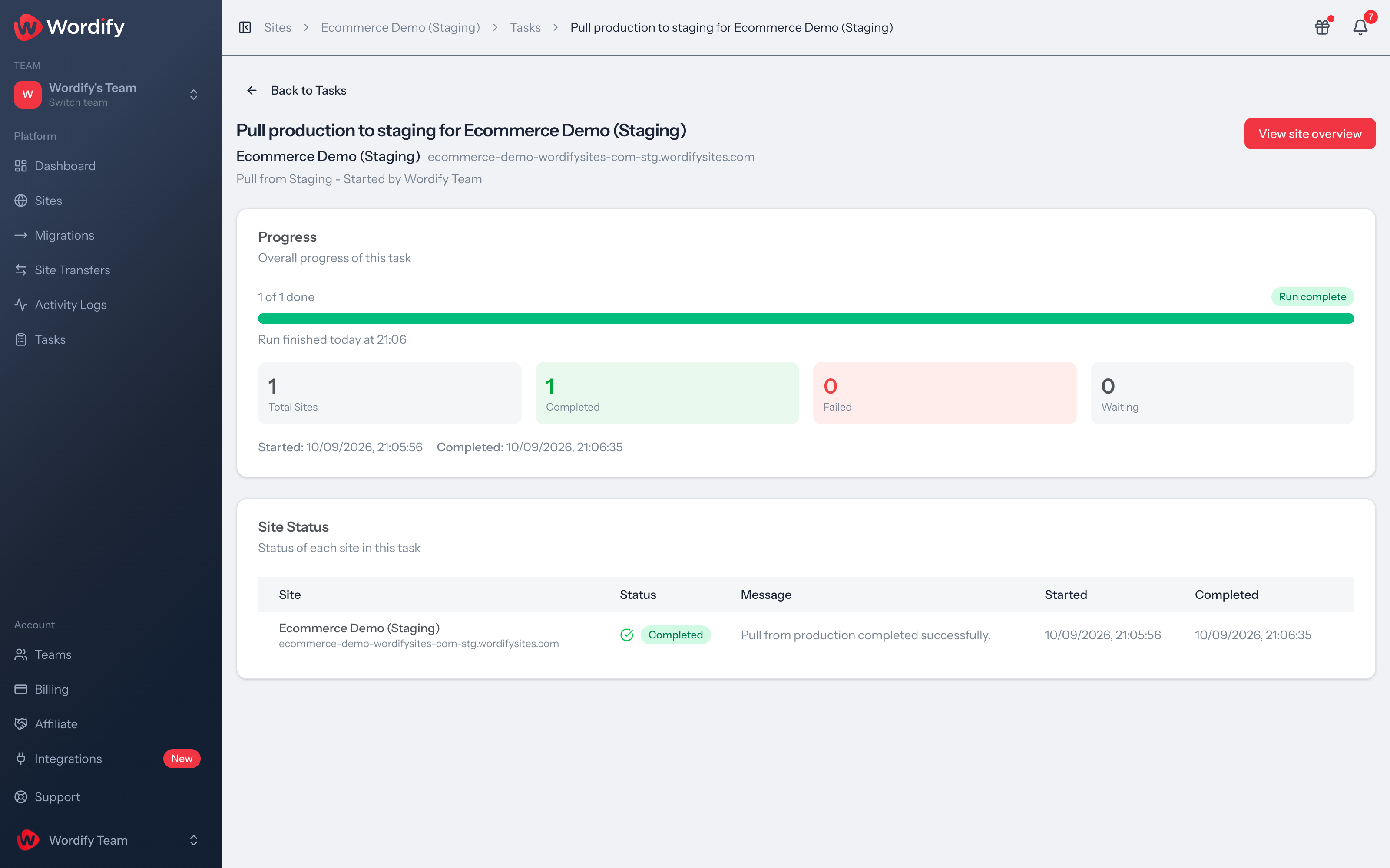 A completed Pull from Production run on the Tasks page in the Wordify Console, showing progress, start and finish times, and the site's status