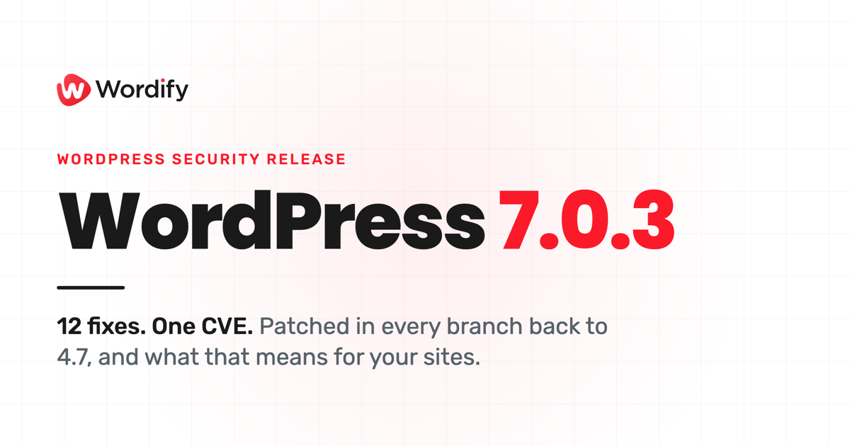 WordPress security release: WordPress 7.0.3. 12 fixes, one CVE, patched in every branch back to 4.7.