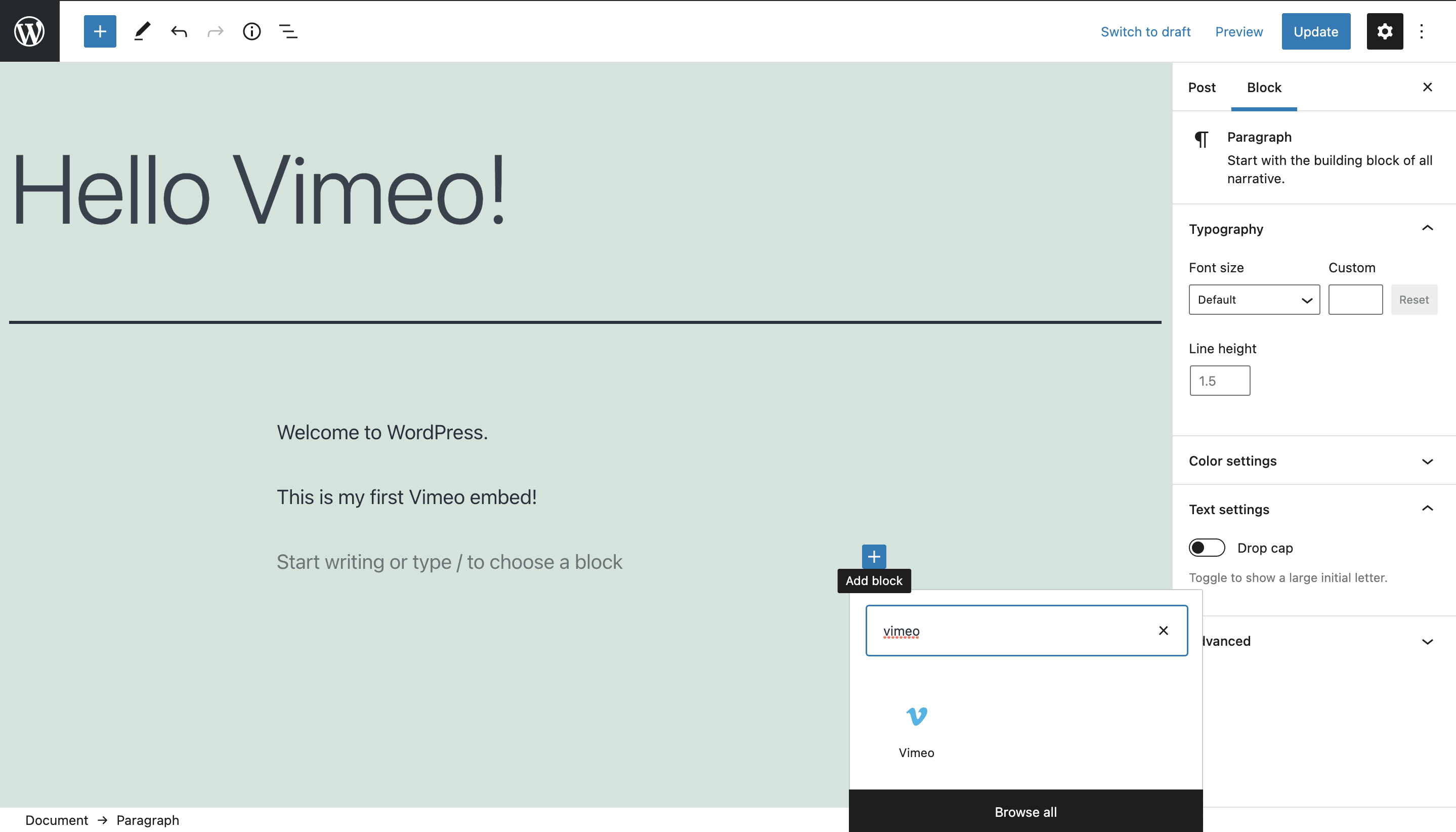 Insert Vimeo Block