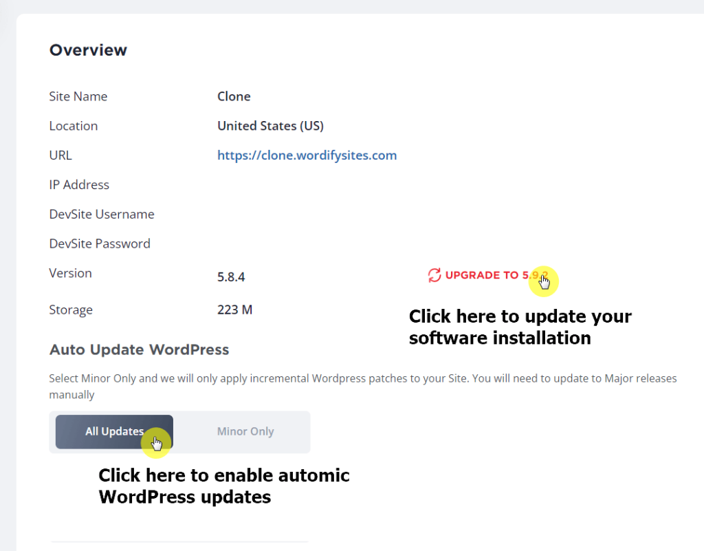 Click the all updates button to enable automatic WordPress updates
