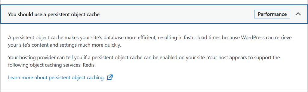 wordpress persistent object cache health check screenshot
