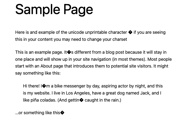 WordPress page with unrecognisable characters