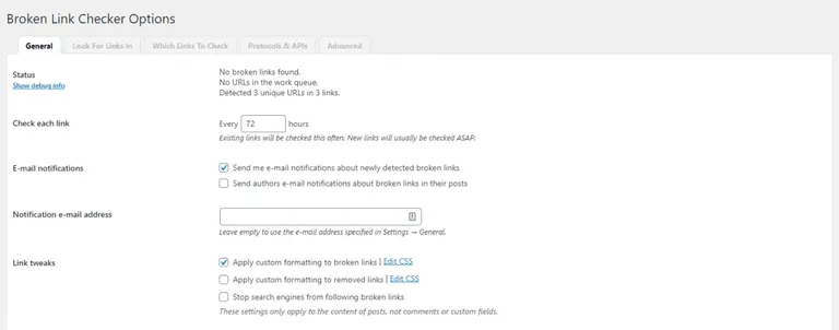 Broken Link Checker Options - General