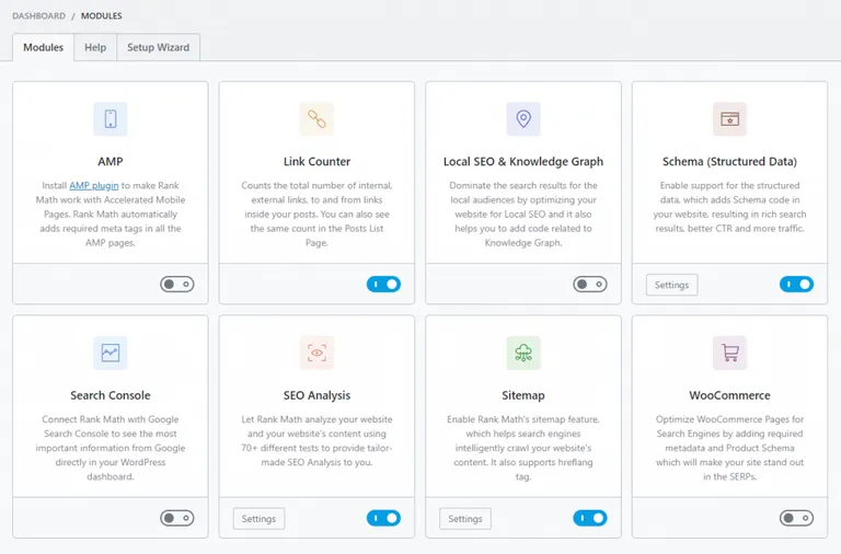 Rank Math dashboard modules