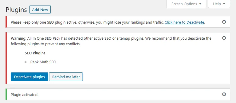 Notification about conflicting SEO WordPress plugins