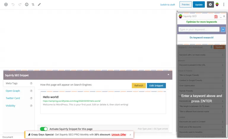 Squirrly SEO Snippet editor