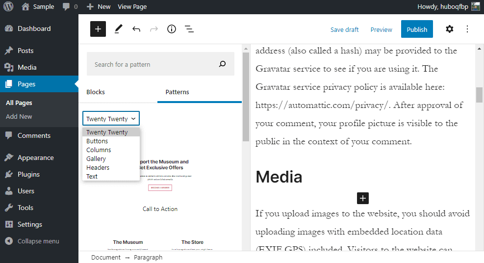 Patterns are now categorized including the patterns that come with the theme