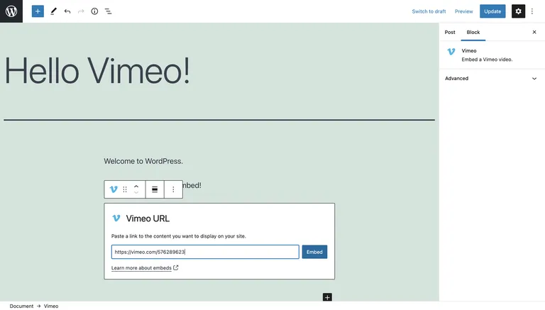 Add Vimeo URL to Vimeo Block