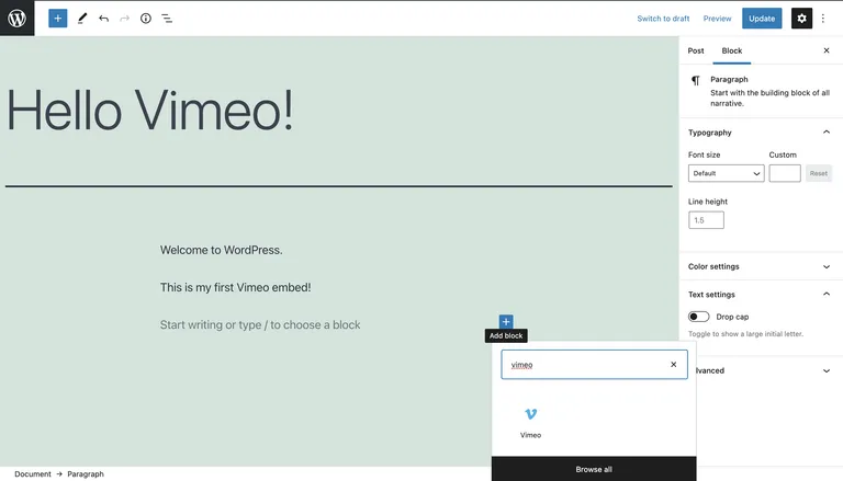 Insert Vimeo Block
