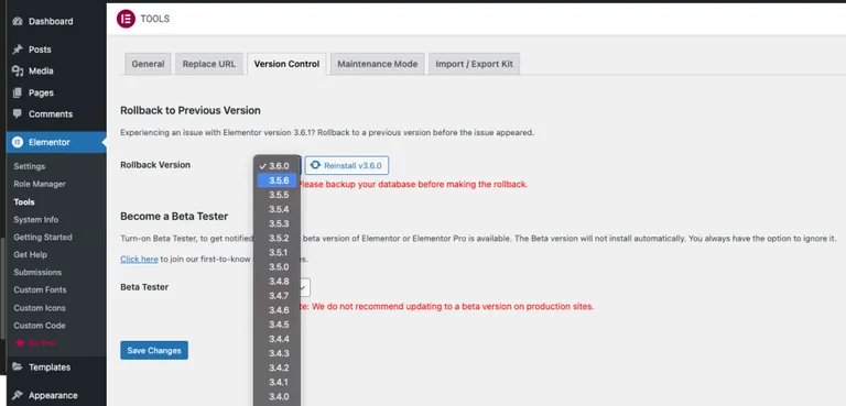Elementor Version Control