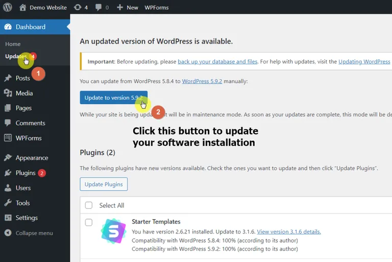 Click on the update to version 5.9.2 to proceed