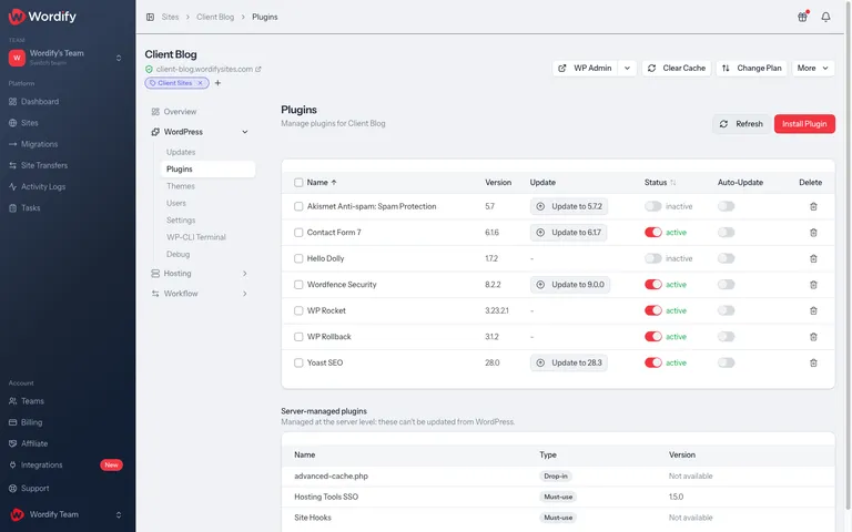 The Plugins page in the Wordify Console with WP Rocket active while the site is down