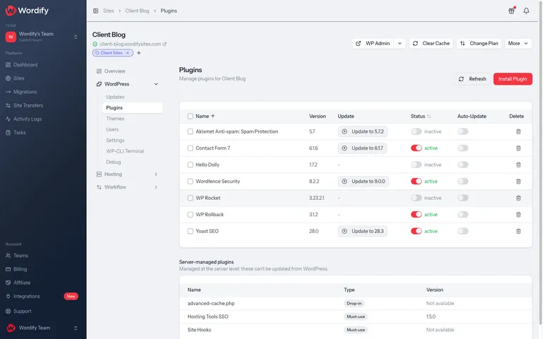 The same Plugins page with WP Rocket toggled to inactive