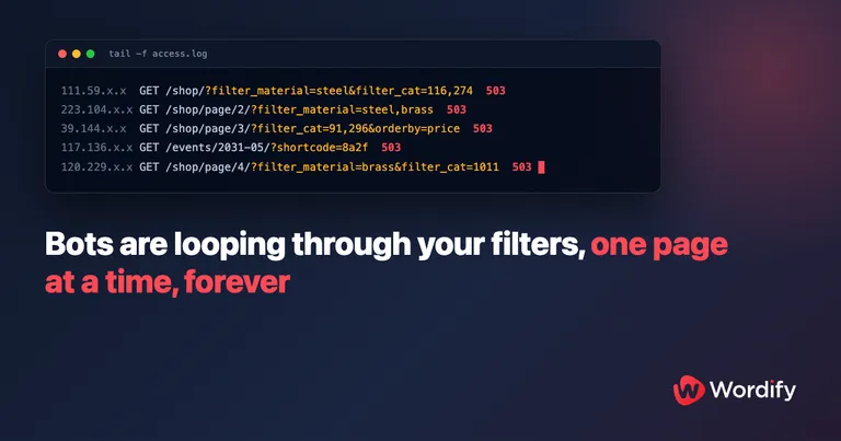 Terminal tailing an access log full of WooCommerce filter URLs from different IPs, every request returning HTTP 503