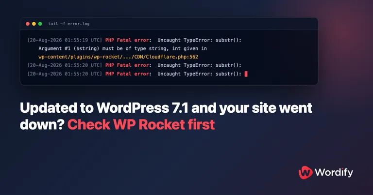 Terminal tailing an error log full of PHP Fatal error: Uncaught TypeError: substr() entries from wp-rocket Cloudflare.php line 562