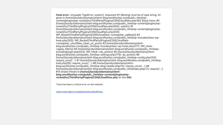 The fatal error and full stack trace rendered in the browser on our test site