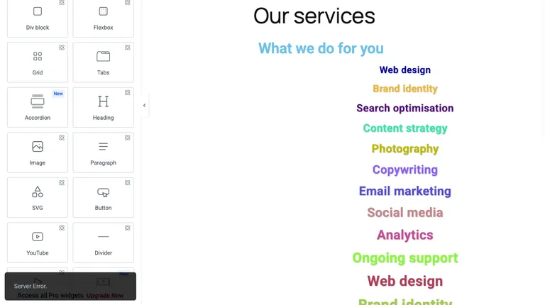 Elementor 4.3.2 showing a "Server Error." message after clicking Publish on our test site