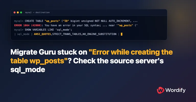 Terminal showing a CREATE TABLE statement with double-quoted table names rejected by MySQL with error 1064, and sql_mode containing ANSI_QUOTES